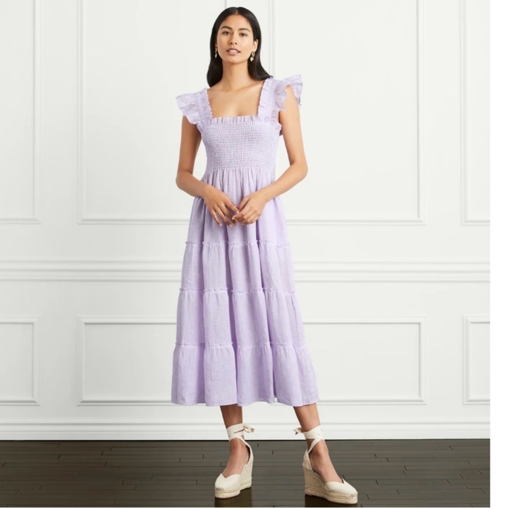Hill House Medium The Nap Lilac Stripe 100% Linen Tiered Cottage Praire Dress